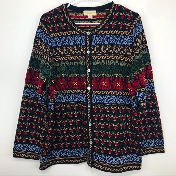 Appleseed’s Black Colorful Pattern Nordic Knit Button Up Cardigan Sweater - Picture 1 of 12